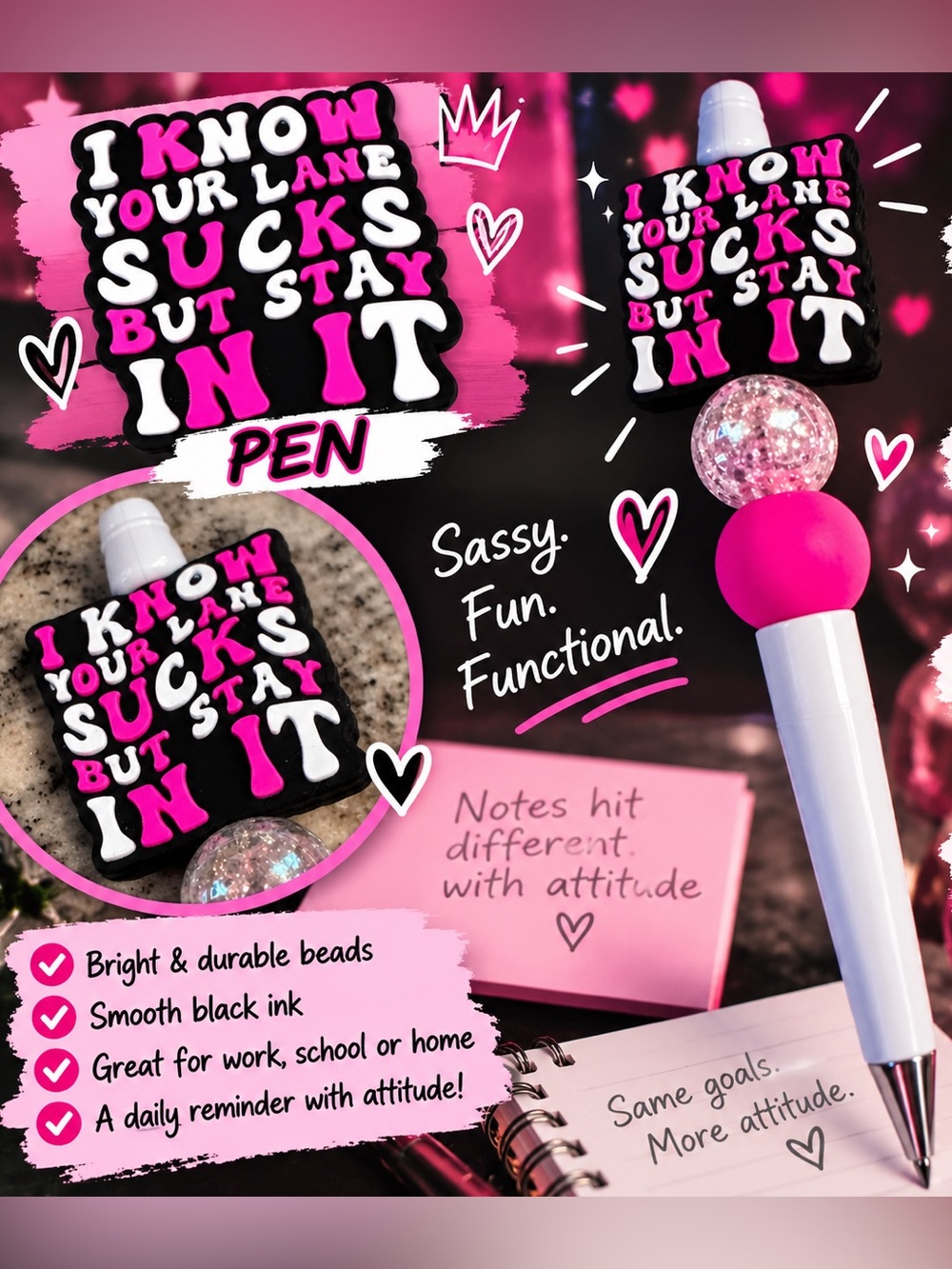 Attitude Pen - Sassy Pink & Black Decorative Top - Home Party Supplies